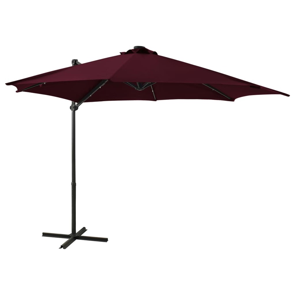 Parasol meuble de jardin déporté avec mât et lumières led rouge 300 cm bordeaux
