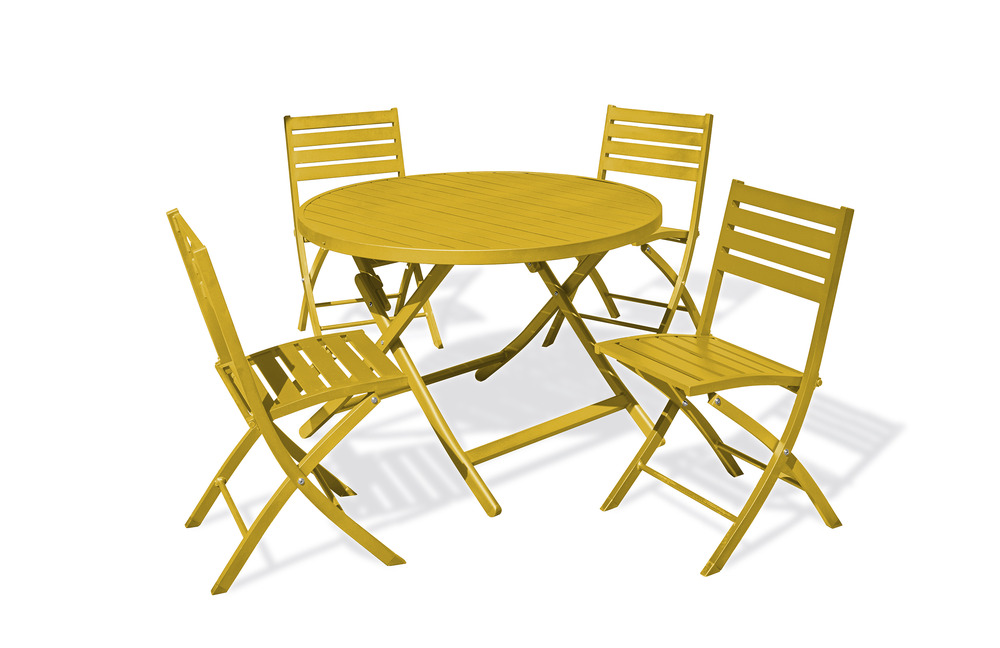 Ensemble repas marius 110 cm 4 places en aluminium jaune moutarde