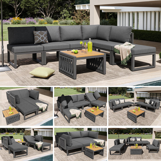 Chaises longues jardin 6 pers: double, dossier réglable, coussins incl, extérieur gris