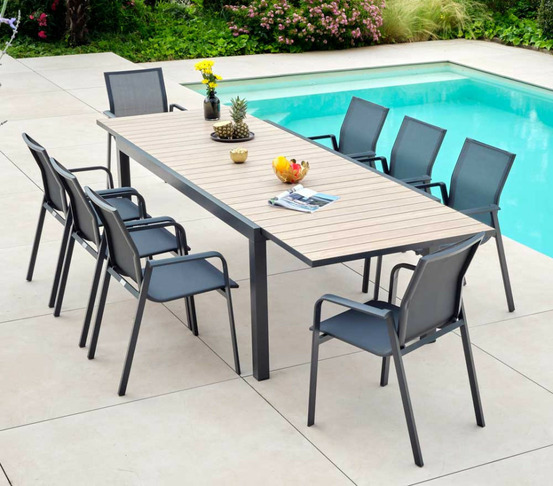 Ensemble table et chaises de jardin - 8 places - effet bois - olerony