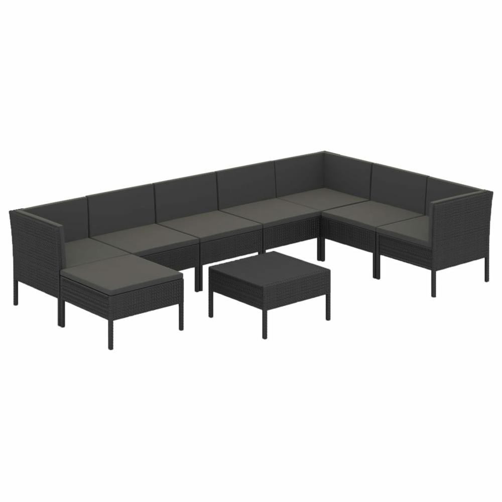 Salon de jardin meuble d'extérieur ensemble de mobilier 9 pièces avec coussins résine tressée noir