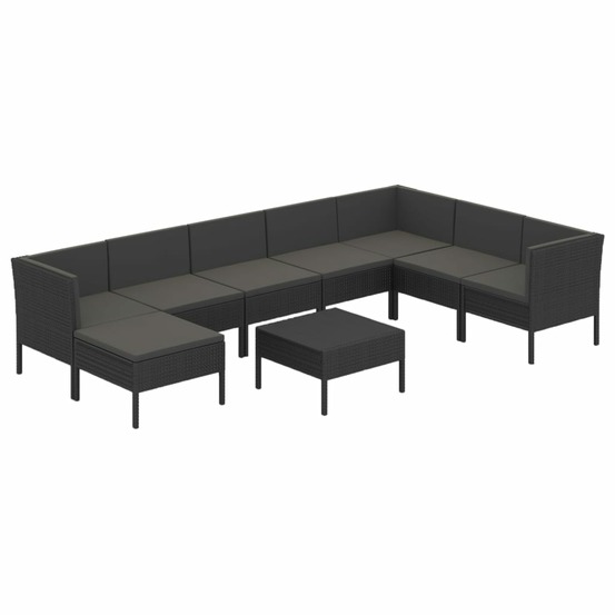 Salon de jardin meuble d'extérieur ensemble de mobilier 9 pièces avec coussins résine tressée noir