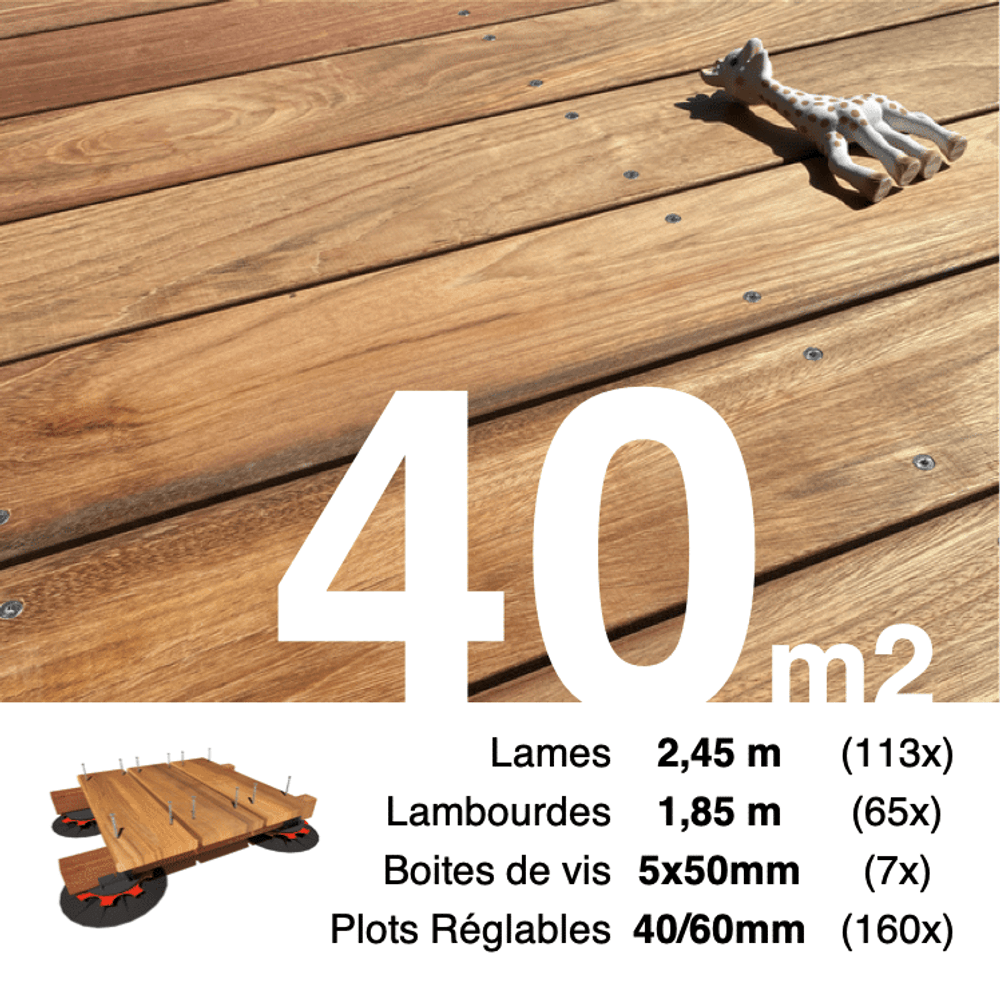 Kit complet terrasse bois exotique jatoba pour 40 m², lames 2,45 m, lambourdes 1,85 m, plots réglables et visserie inox.