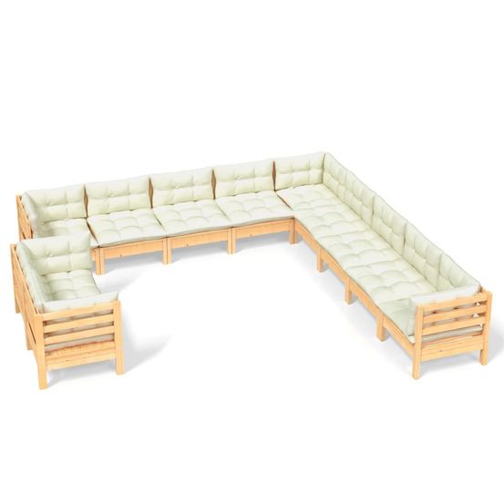 Salon de jardin 11 pcs avec coussins crème bois de pin solide