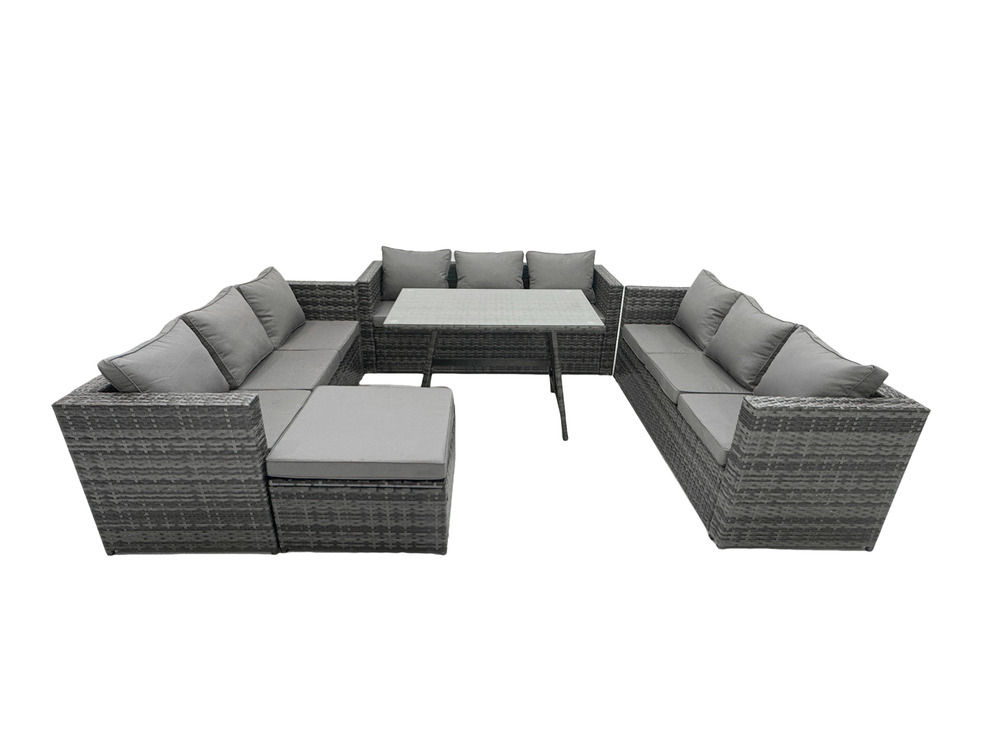 Salon de jardin extérieur en résine avec table à manger oblongue avec verre trempé transparent et grand tabouret