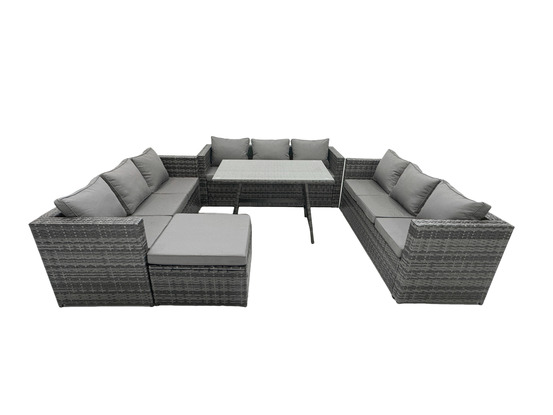 Salon de jardin extérieur en résine avec table à manger oblongue avec verre trempé transparent et grand tabouret