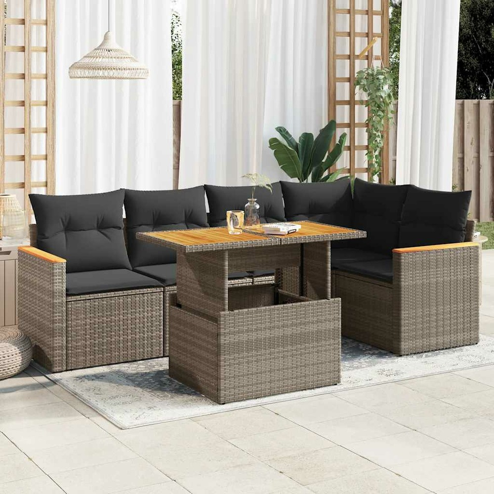 Salon de jardin avec coussins 6 pcs gris résine tressée acacia