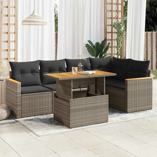 Salon de jardin avec coussins 6 pcs gris résine tressée acacia