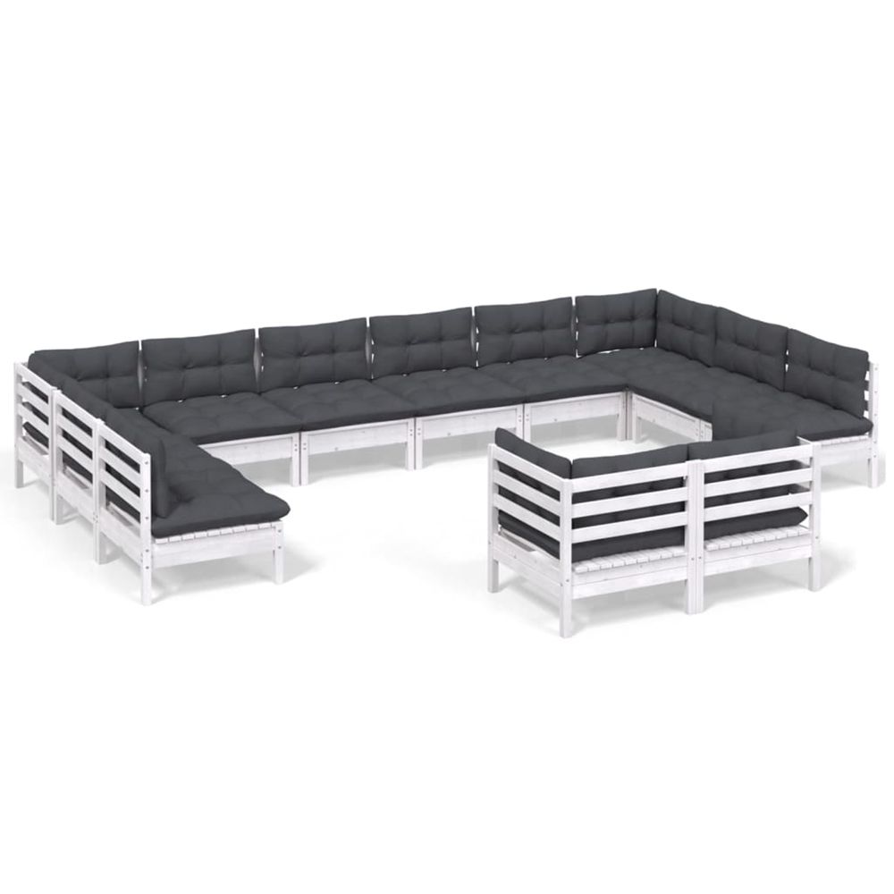 Salon de jardin 12 pcs avec coussins blanc bois de pin solide