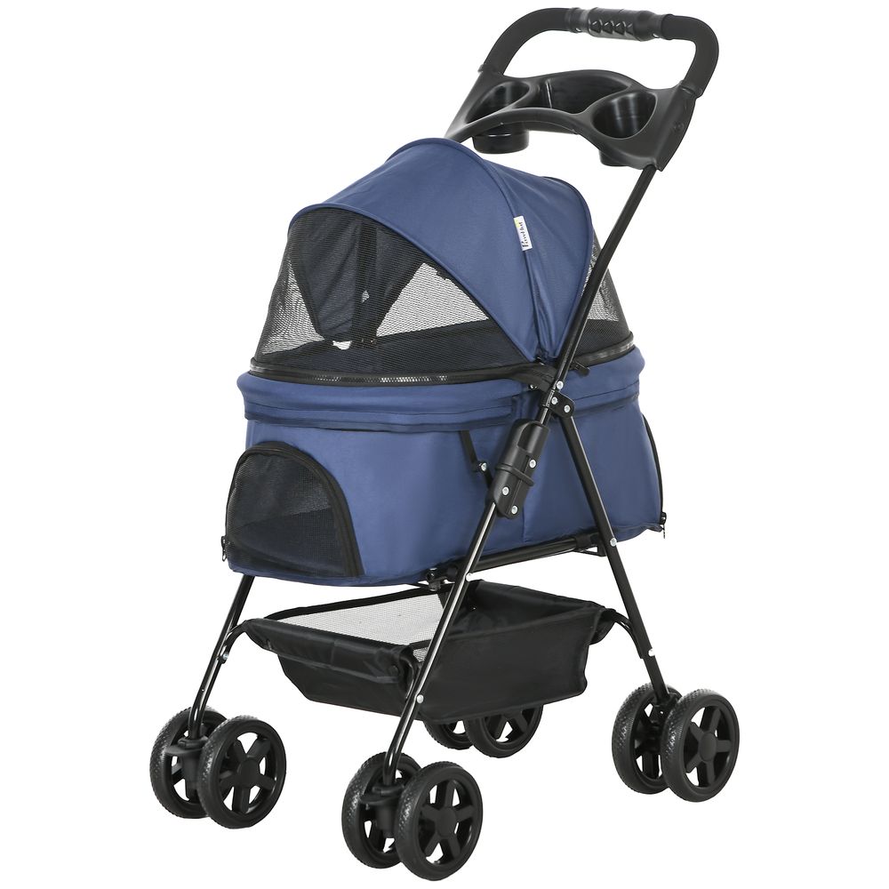 Poussette buggy pliable chien chat panier rangement porte-gobelets tissu 300d oxford imperméable 4 roues bleu