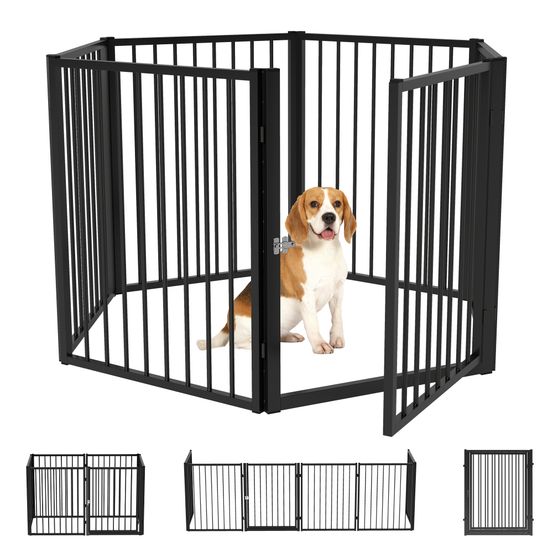 Parc à chiots en acier noir 6 panneaux avec porte pliable intérieur extérieur