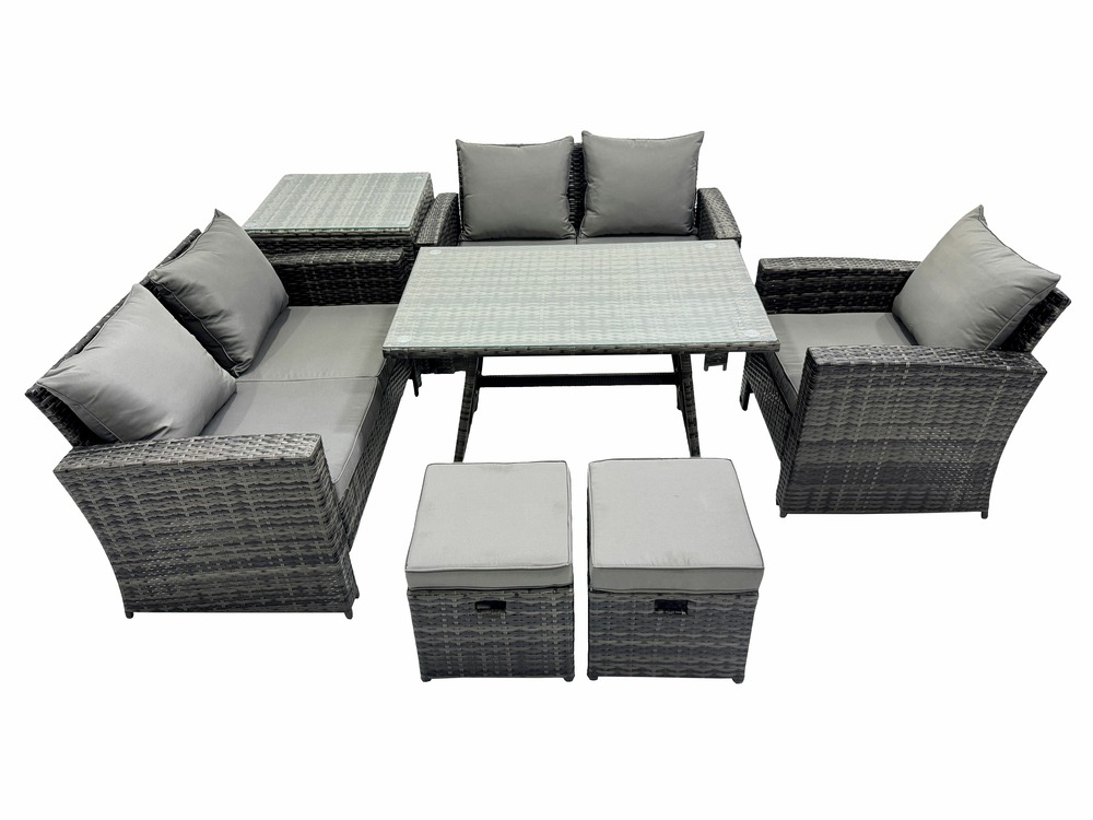 Ensemble de canapé en rotin extérieur avec table à manger canapé à deux places table d'appoint 2 petits tabourets gris foncé mixte