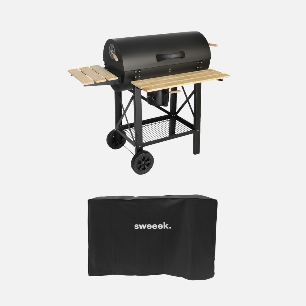 Barbecue charbon de bois serge noir, fumoir, smoker américain, récupérateur de cendre, tablettes, roulettes, housse