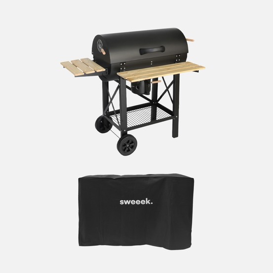 Barbecue charbon de bois serge noir, fumoir, smoker américain, récupérateur de cendre, tablettes, roulettes, housse