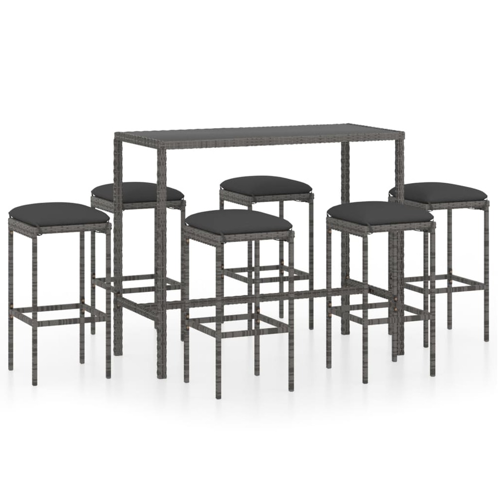 Ensemble de bar de jardin 7 pcs et coussins résine tressée gris