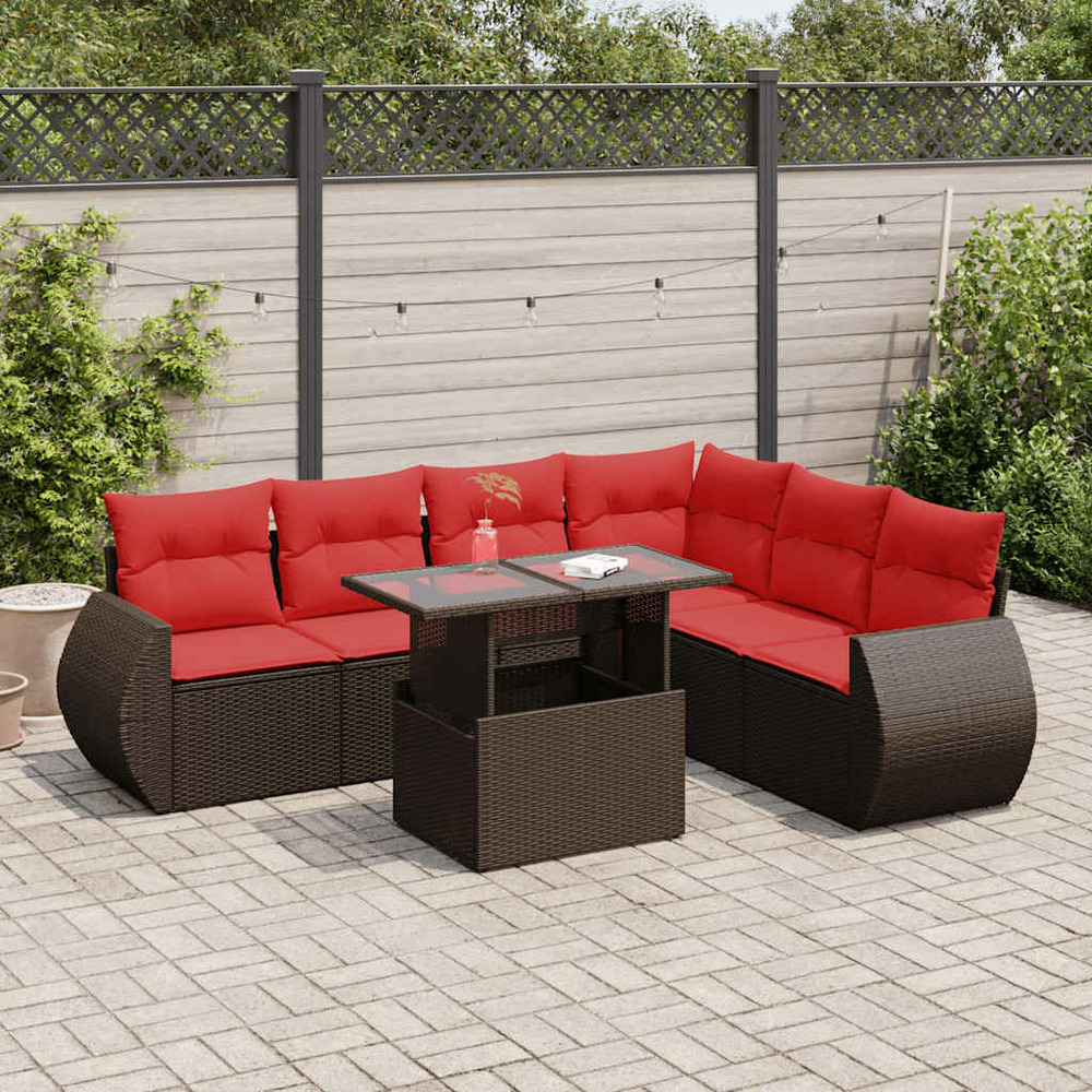 Salon de jardin avec coussins 7pcs marron résine tressée acacia