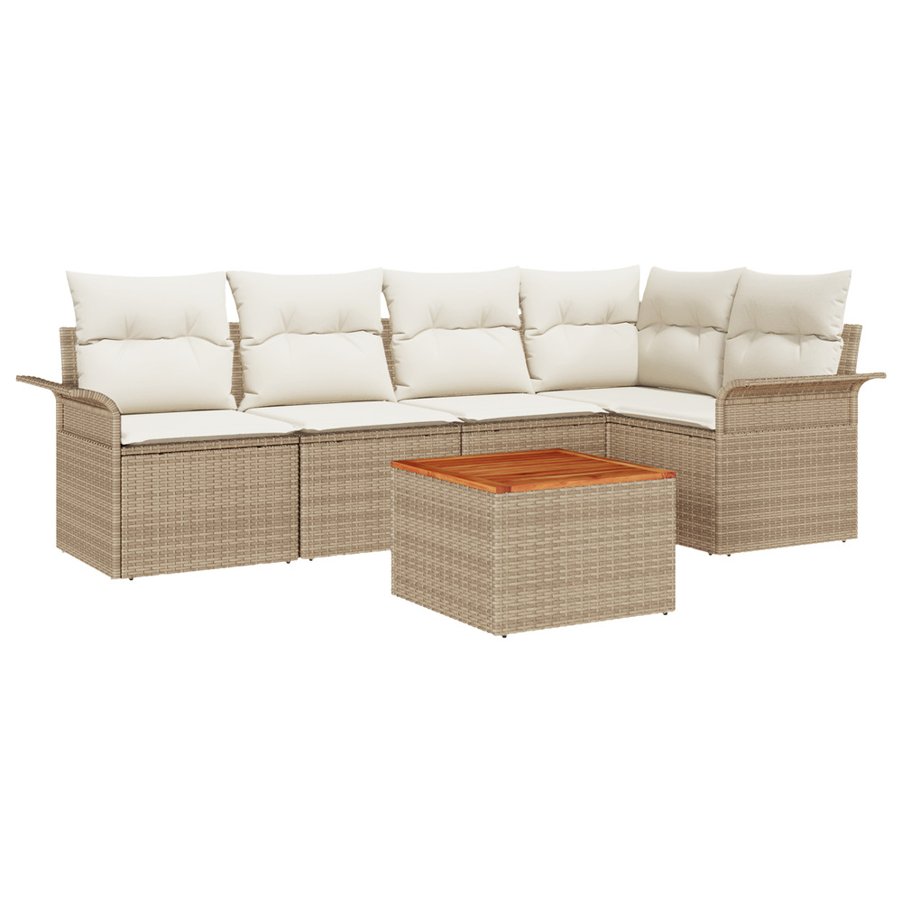 Ensemble de canapé de jardin 6 pièces avec coussins beige poly rattan acacia