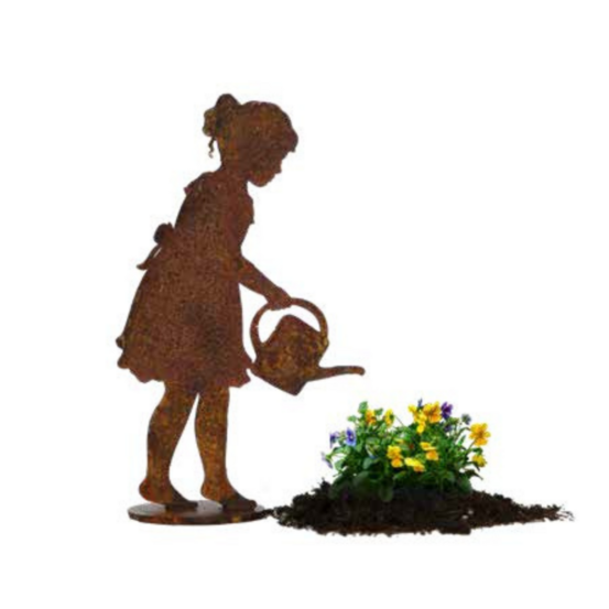 Personnage fillette arrosoir métal rouillé : déco jardin - rouille