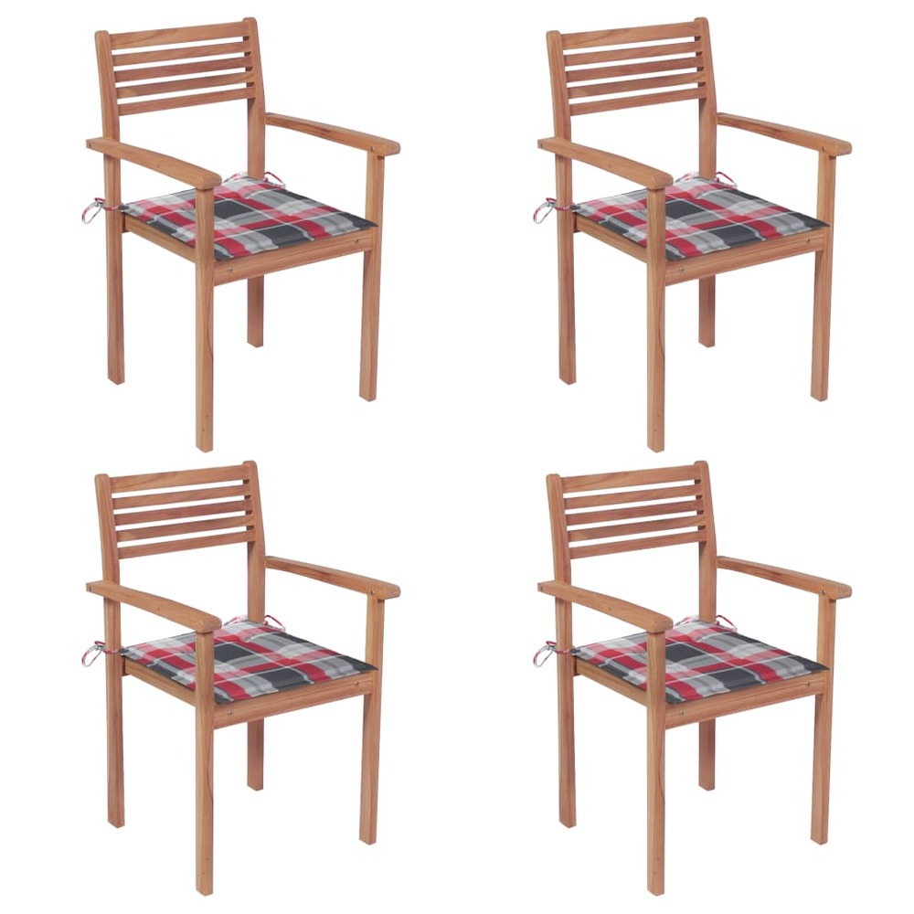 Chaises de jardin 4 pcs avec coussins à carreaux rouge teck