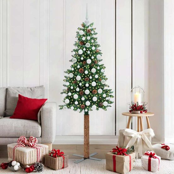Sapin crayon artificiel 180cm, tronc en bois véritable, kit déco complet avec 300 led