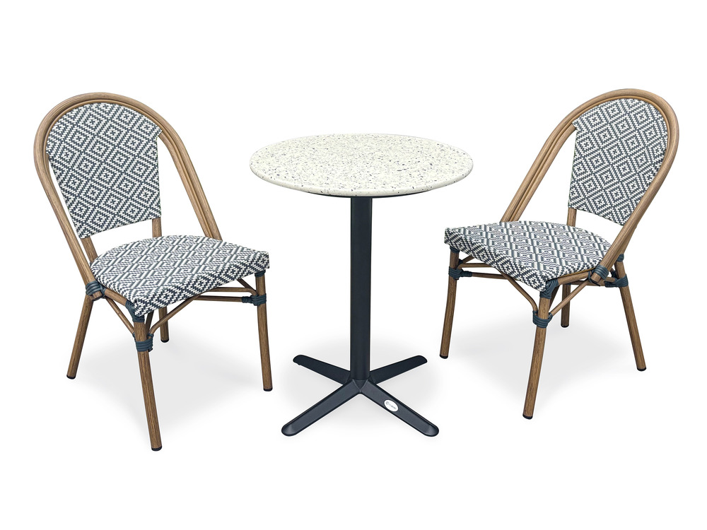 Ensemble bistro plateau terrazzo et assise textilène bleu et blanc