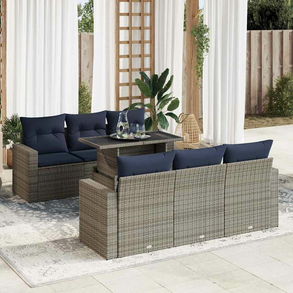 Salon de jardin avec coussins 7 pcs gris résine tressée acacia