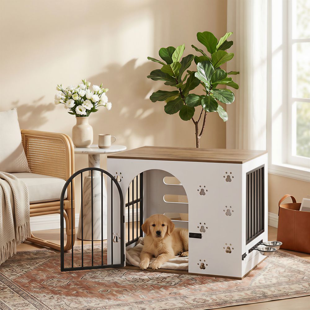 Meuble cage pour chien intérieur bois blanc et naturel avec 2 gamelles surélevées