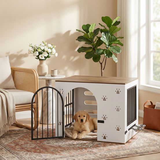 Meuble cage pour chien intérieur bois blanc et naturel avec 2 gamelles surélevées