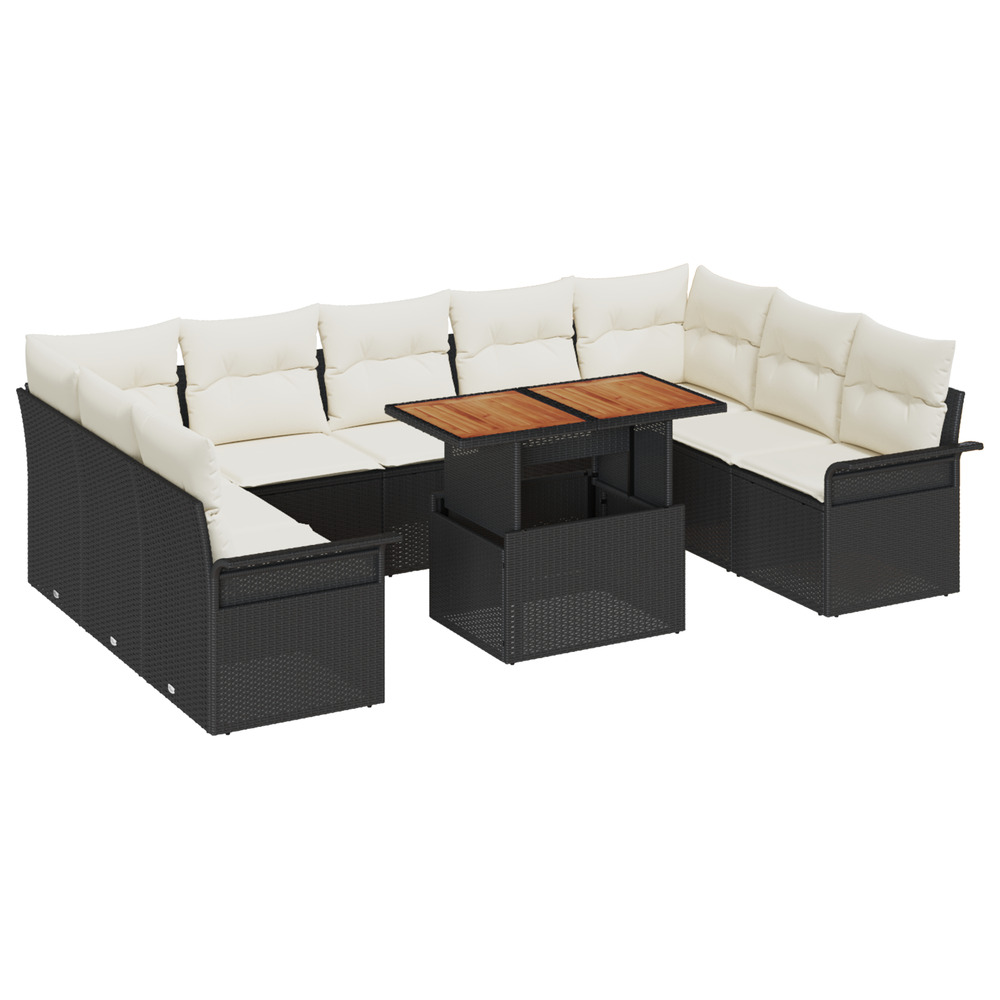 Set de salle à manger jardin 10 pièces avec coussins noir poly rotin acacia