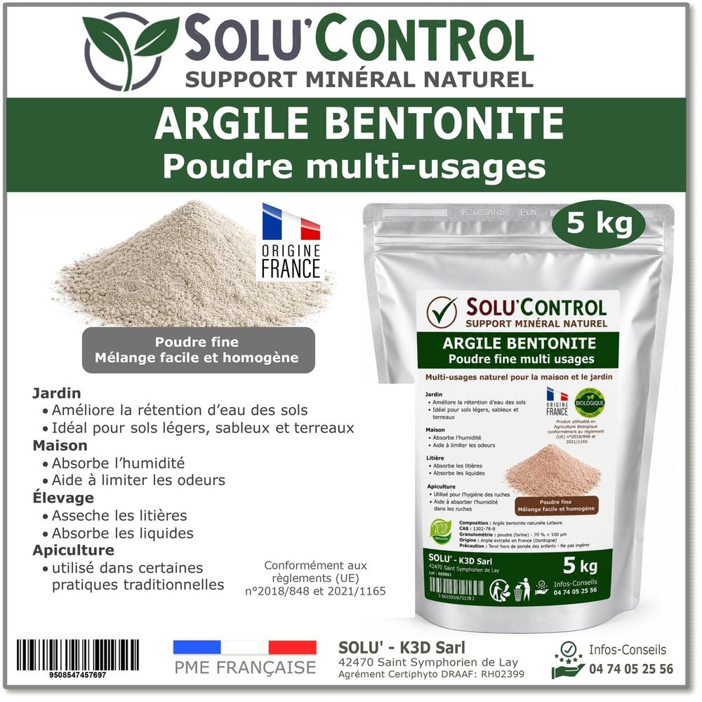 Argile bentonite naturelle en poudre 5 kg solu'control – pouvoir absorbant – rétention d'eau – jardin, terreau, sols sableux
