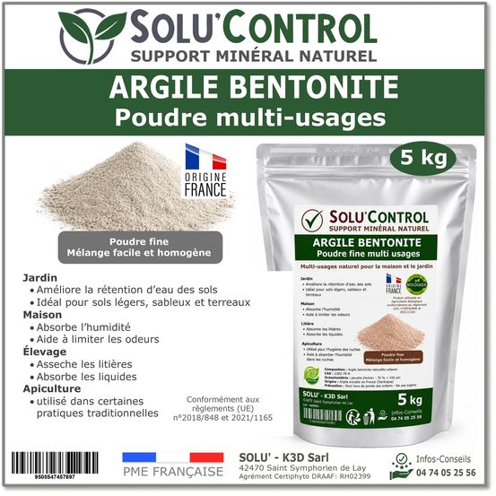Argile bentonite naturelle en poudre 5 kg solu'control – pouvoir absorbant – rétention d'eau – jardin, terreau, sols sableux