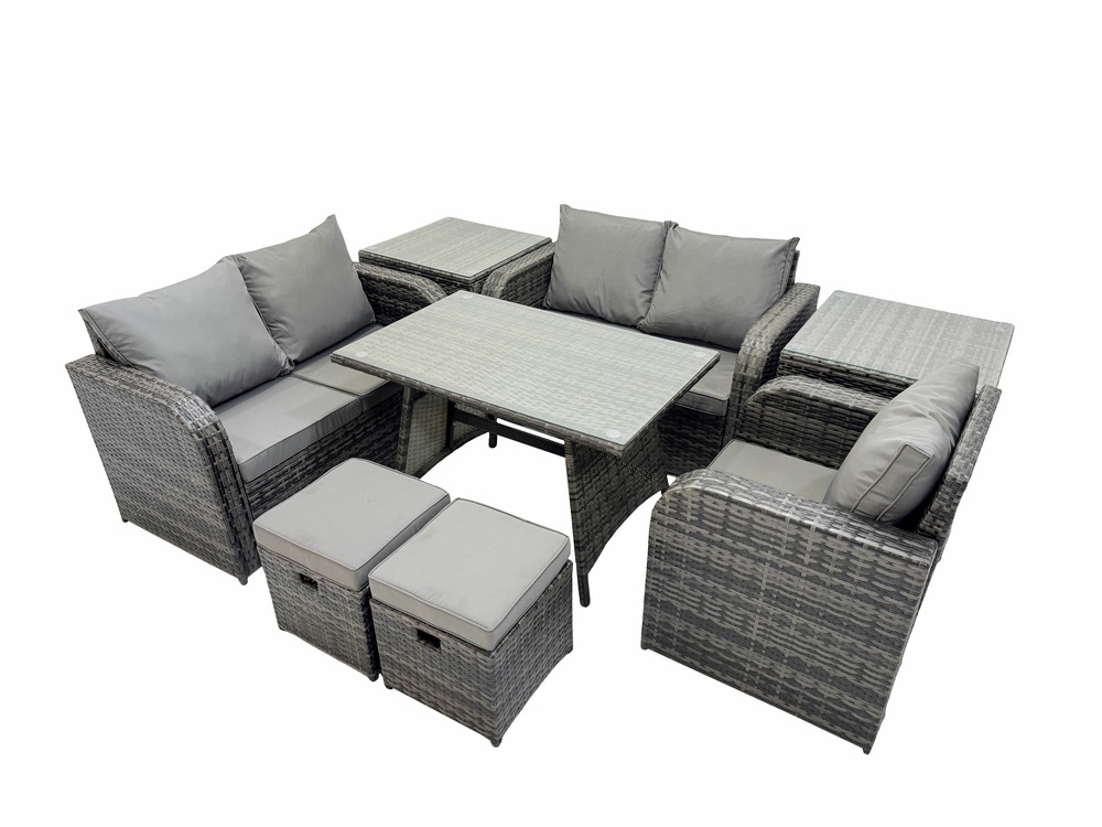 7 places ensemble de meubles de jardin en rotin avec table à manger fauteuil canapé d'amour 2 petits tabourets 2 tables d'appoint