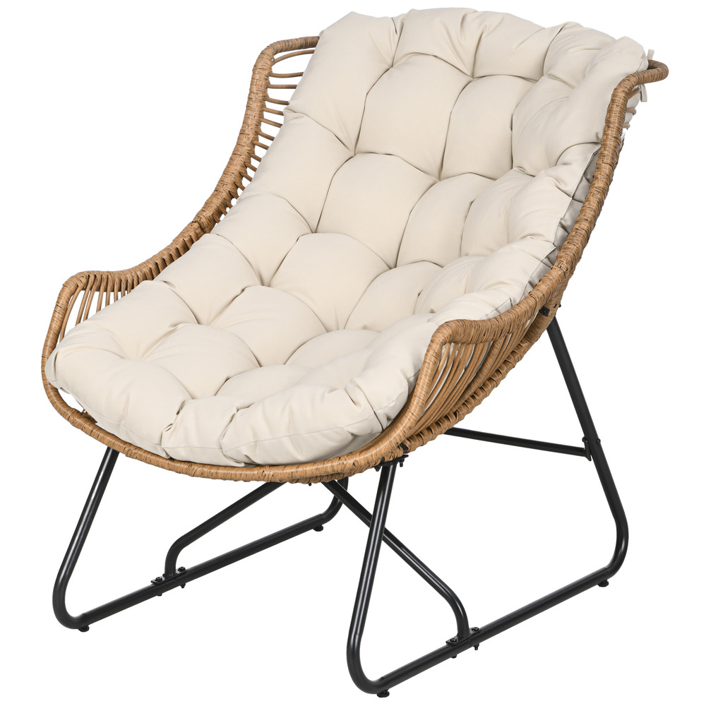 Salon de jardin style rotin avec coussin, cadre métallique, 75x101x90cm, naturel/kaki/noir