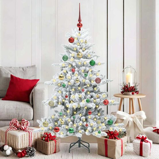 Sapin de noël design blanc 150 cm lumineux, 150 led et 61 boules pour intérieur