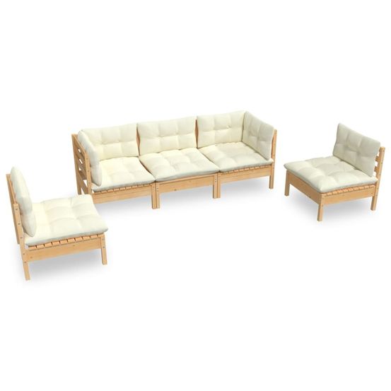 Salon de jardin 5 pcs avec coussins crème bois de pin massif