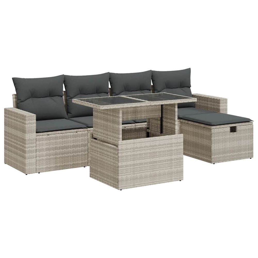 Salon de jardin 6 pcs avec coussins gris clair résine tressée