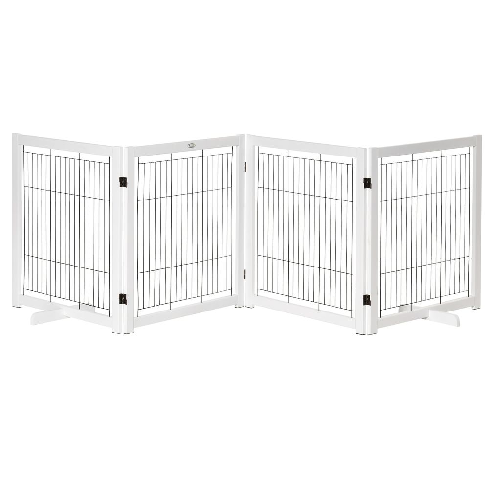 Barrière pour chien pin et acier blanche 305 x 82 cm pliable autoportante 4 panneaux