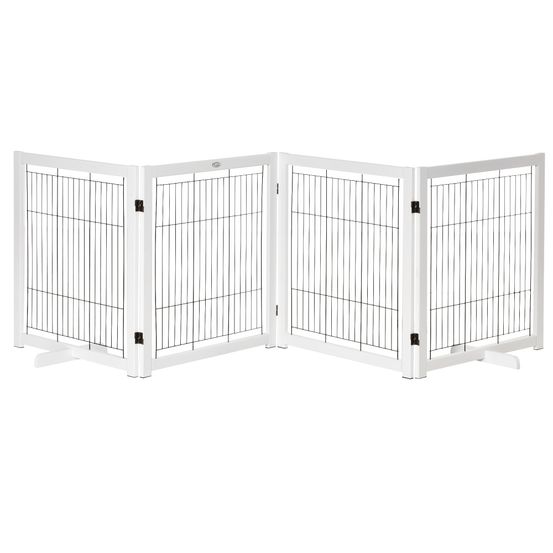 Barrière pour chien pin et acier blanche 305 x 82 cm pliable autoportante 4 panneaux