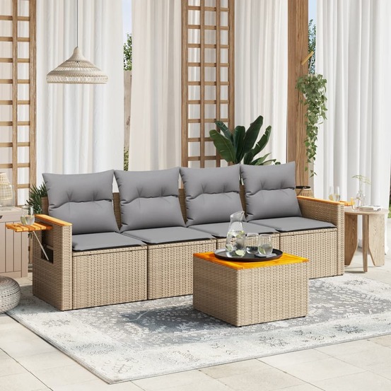 Salon de jardin avec coussins 5 pcs beige résine tressée