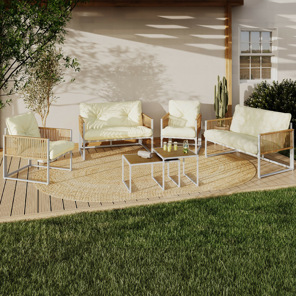 Salon de jardin bas rio 6 places structure métal blanc et cordage effet rotin avec coussins beige