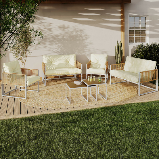 Salon de jardin bas rio 6 places structure métal blanc et cordage effet rotin avec coussins beige