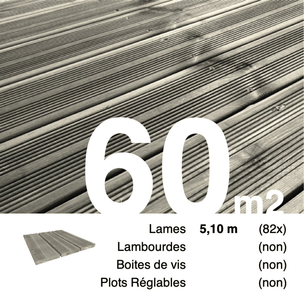 Planches de terrasse pin autoclave gris pour 60 m², longueur 5,1 m.