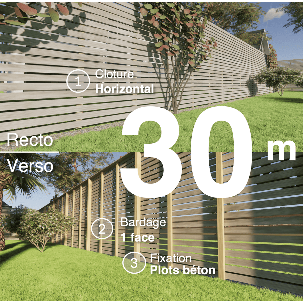 Kit clôture bois moderne 30m – h 2,3m – 20 x 70 mm autoclave gris – pose horizontal – simple face – à sceller