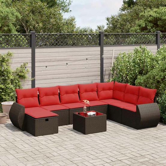 Salon de jardin avec coussins 9 pcs marron résine tressée