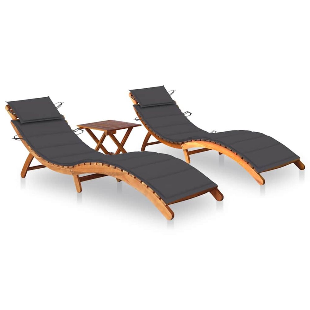 Chaises longues lot de 2 avec table et coussins acacia solide