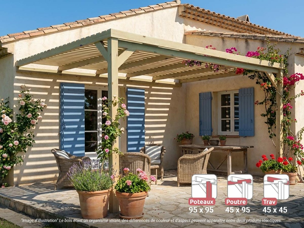 Pergola adossée en bois montpellier 400 x 400 cm + 2 supports surélevés