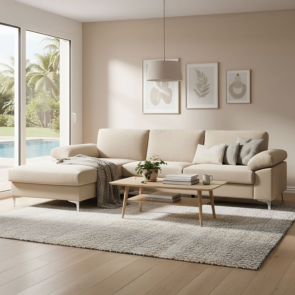 Canapé d'angle gauche 4-5 places en velours beige galway