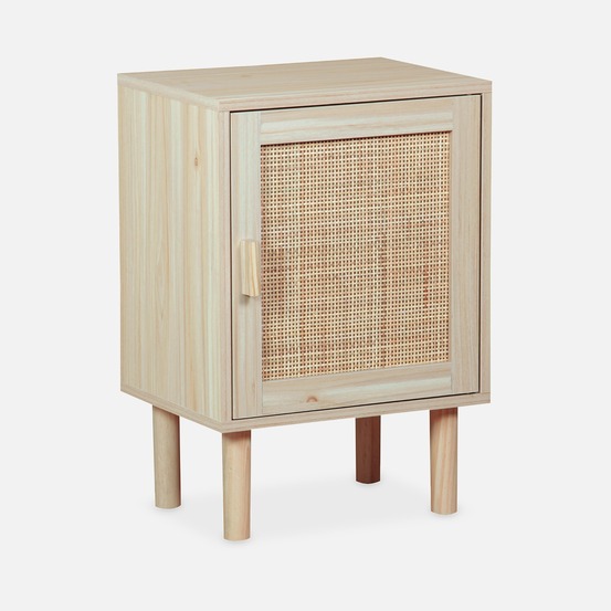 Table de chevet en cannage et décor bois - camargue - 40x30x58cm - 2 niveaux - 1 porte - pieds droits