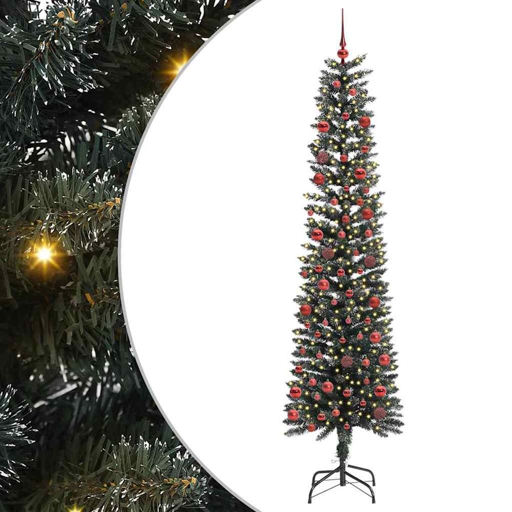 Grand sapin artificiel 2.10m forme cône, pack déco complet avec 300 led et boules