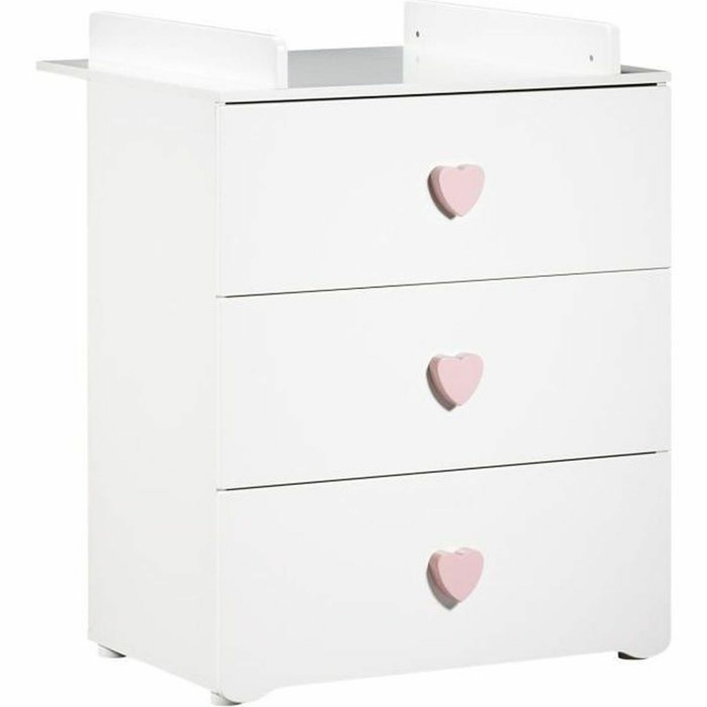 Commode à langer 3 tiroirs - boutons coeur rose